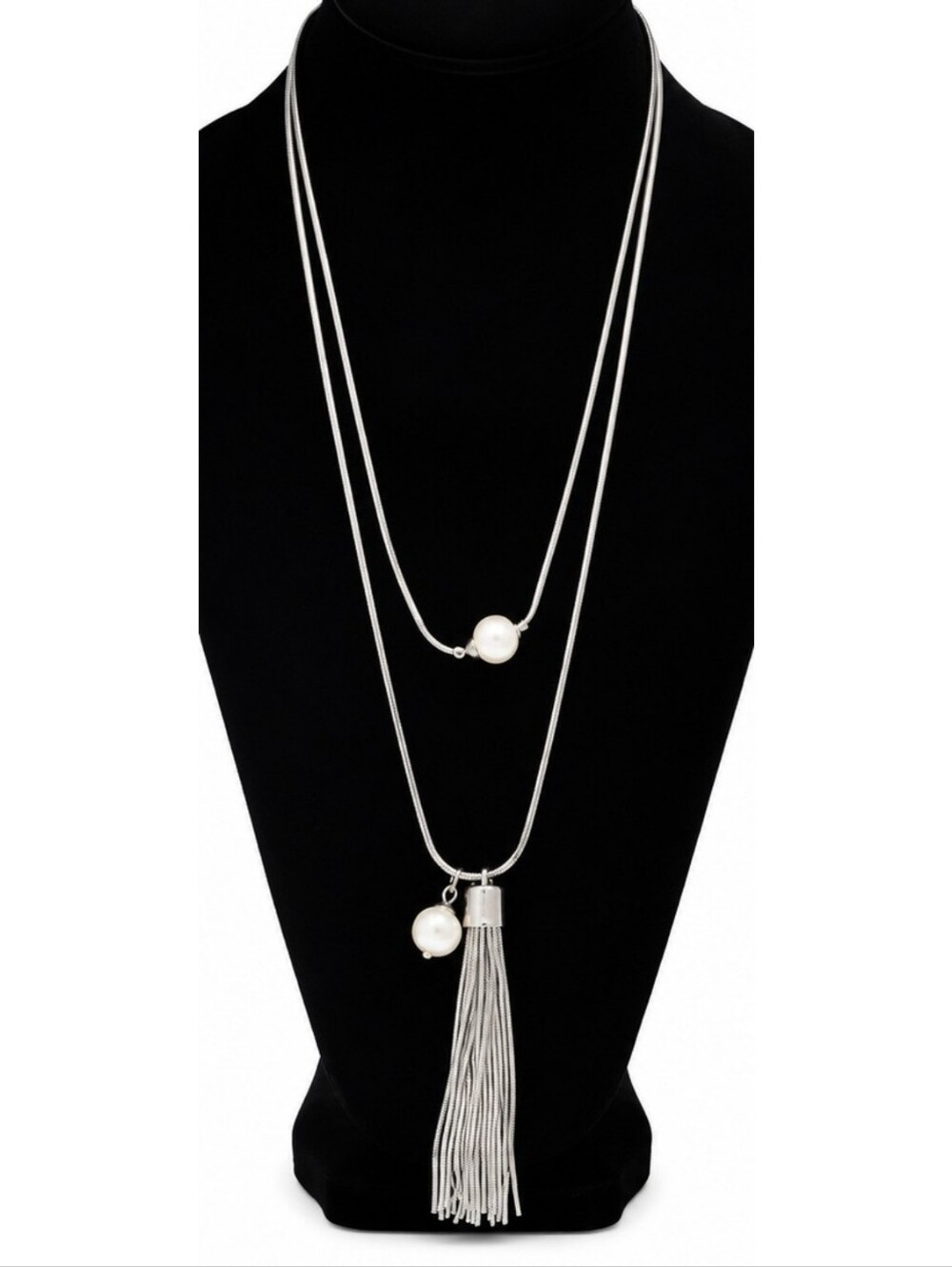 White House Black Market Silver Tone Tassel Necklace Faux Pearl Long Statement